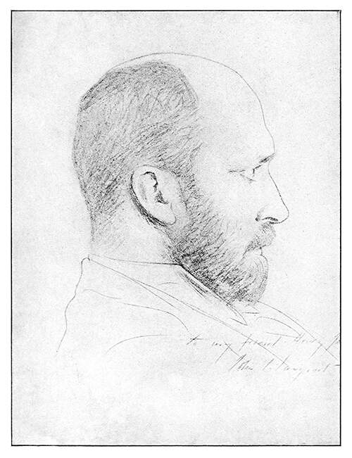 Sketched profile portrait of Henry James with a handwritten dedication by John S. Sargent