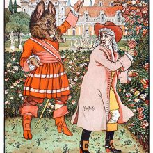 A cheerful monster with a boar-like head walks up behind a man picking roses in a park