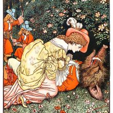 A woman leans over a dying monster as two monkeys in the background are getting ready to assist