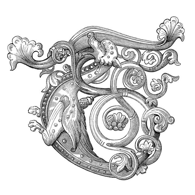 Initial T showing a winged creature with two legs and a dragon-like head, and foliated ornaments
