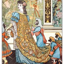 A woman with a fan walks across a room as two monkeys hold the train of her brocade dress