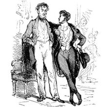 Covert portrait of Charles Nodier and Tony Johannot depicted as two men at a reception