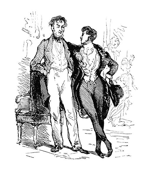 Covert portrait of Charles Nodier and Tony Johannot depicted as two men at a reception