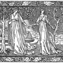 Two women stand holding hands in a garden as one of them scatters coins on the ground