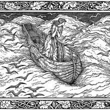 A woman stands in a narrow boat drifting on a stormy sea, surrounded by birds