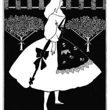 A woman wearing a white dress and a feathered bow in her hair is seen standing in a park