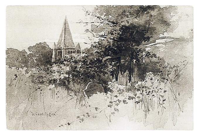 The spire of a church can be seen rising behind a curtain of vegetation overgrowing a graveyard
