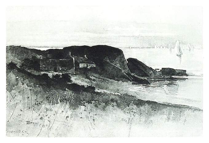 View of a promontory with a few houses on the side and sailboats on the quiet sea!