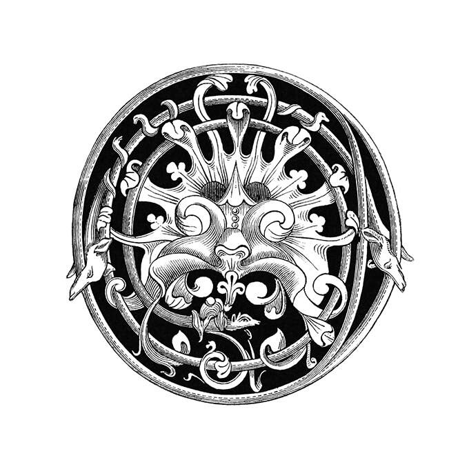 A stylized animal head is enclosed in a circle made of the bodies of snake-like creatures