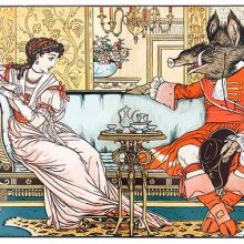Beauty,and the Beast are having tea in a drawing room, sitting at opposite ends of a sofa