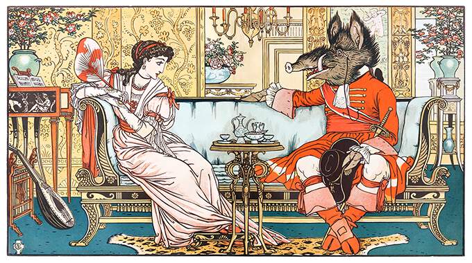 Beauty,and the Beast are having tea in a drawing room, sitting at opposite ends of a sofa