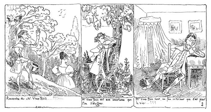 Strip of three drawings showing a man meeting a woman in a park and his attentions being ignored