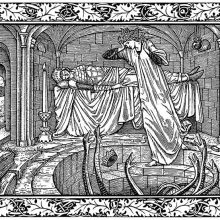 A dead soldier lies at the back of a sepulcher where a queen descends into a pit full of snakes