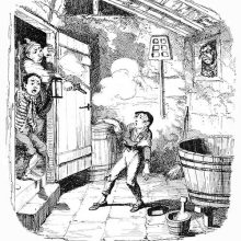 A boy stands in the middle of a laundry cellar and gets shot in the arm