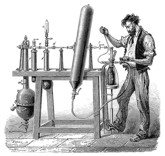 A man operates a machine for making carbonated water and is about to fill a bottle