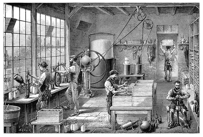 view of a Workshop in a carbonated water factory showing workers filling soda siphons, etc.
