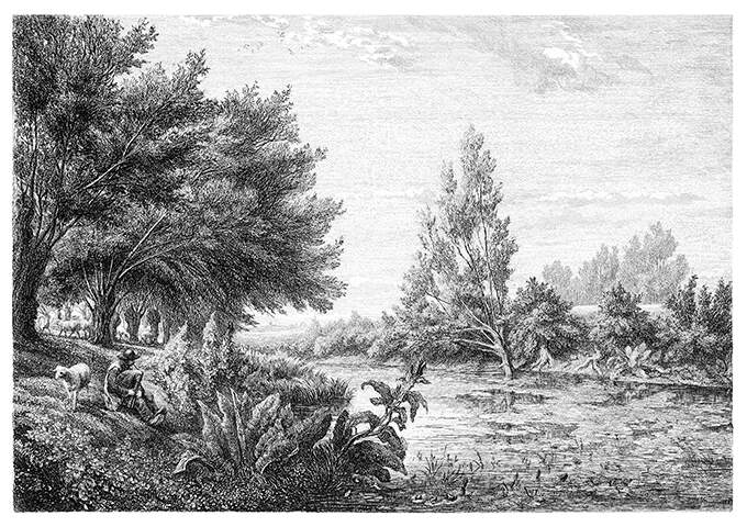 Landscape showing a river and riverbanks dotted with trees where a man is playing the bagpipe
