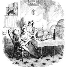 A man sits nonchalantly at a table and chats with a maid who opens an oyster for him