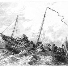 Seascape showing from the side a small boat heavy with passengers cleaving the waves