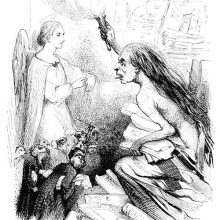 An emaciated female figure holds a torch while clutching a bunch of papers to her bosom