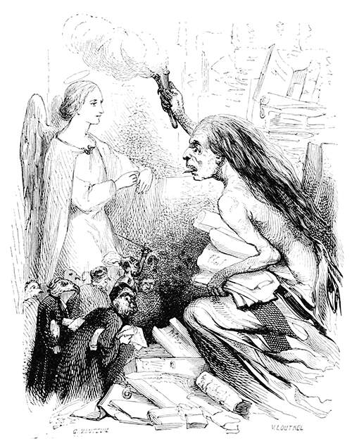 An emaciated female figure holds a torch while clutching a bunch of papers to her bosom
