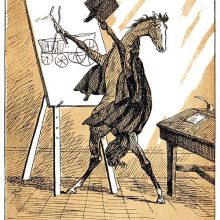 A horse in academic dress stands at an easel drawing a cart