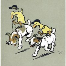 Two ducklings wearing riding caps are engaged in a fiery race, using puppies as steeds