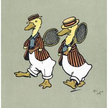 Two ducklings in boaters and striped jackets walk side by side carrying tennis rackets