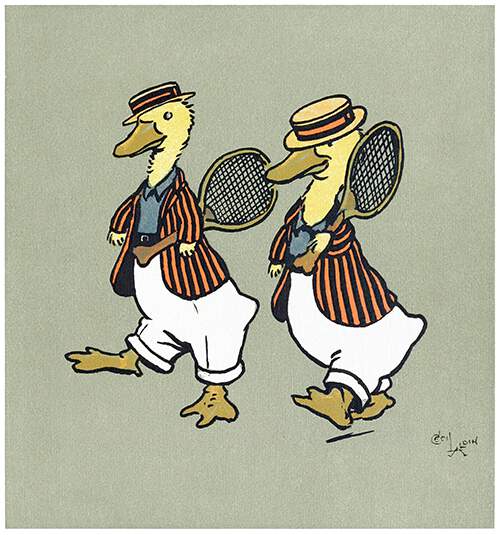 Two ducklings in boaters and striped jackets walk side by side carrying tennis rackets