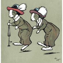 Two female bunnies wearing feathered hats and narrow-hem dresses are seen hopping on