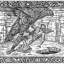 An eagle carries a man in its claws and is about to lay him down on the ground