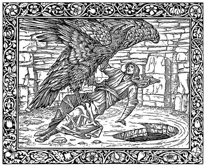 An eagle carries a man in its claws and is about to lay him down on the ground