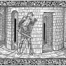 Theseus proceeds cautiously inside the labyrinth where he expects to meet the Minotaur