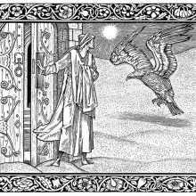 A man shuts a door and steps out into a barren landscape where an eagle comes landing close to him