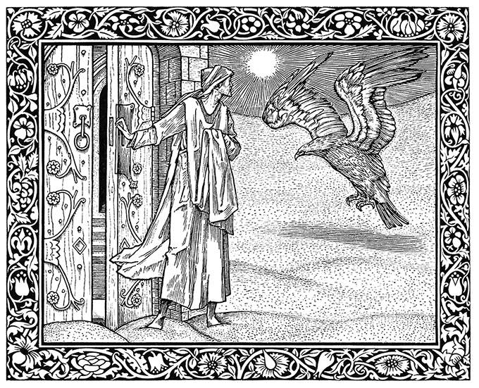 A man shuts a door and steps out into a barren landscape where an eagle comes landing close to him