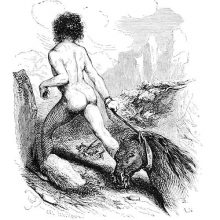 A naked man is seen from behind dragging a dead horse by its halter