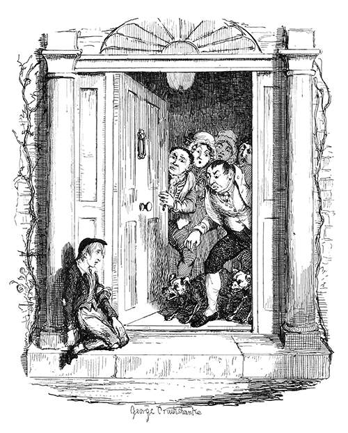 A boy is slumped against a pillar, looking bashfully at the unwelcoming servants at the door
