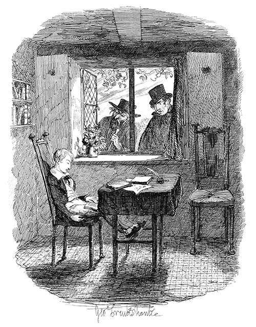 A boy is sleeping at a writing table as two menacing figures standi outside the window
