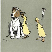 A duckling whispers in a puppy's ear as a second duckling tries to hear what is being said