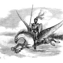 A knight in armor, armed with lance and shield, rides the hippogriff flying high in the sky