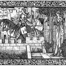 A woman stands in a garden, unseen by knights passing on horseback in the street
