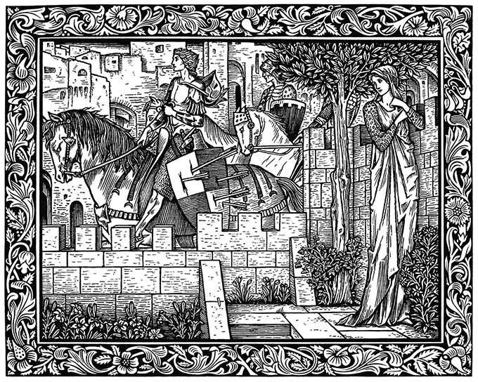 A woman stands in a garden, unseen by knights passing on horseback in the street