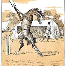 A horse is playing cricket, his bat held high and ready to strike the ball coming at him