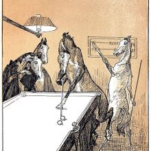 A horse with a cue leans over a billiard table as other horses watch him play his shot