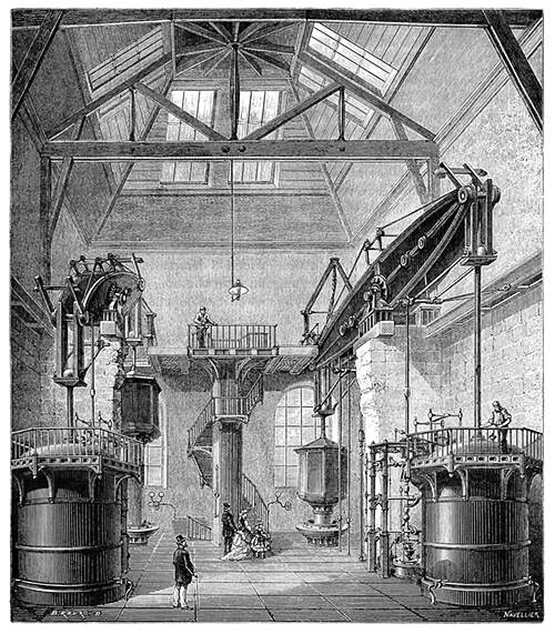 Interior view of the water pump at Chaillot, Paris. The pump was powered by two Newcomen engines