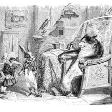 A cat sitting in a stately armchair receives the visit of a weasel and a rabbit