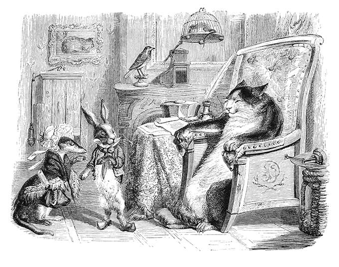 A cat sitting in a stately armchair receives the visit of a weasel and a rabbit