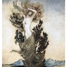 Daphne turns into a laurel tree with a whirling motion that pulls on her tunic and ruffles her hair