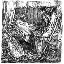A woman sits on a bed where a wounded man lies, and picks the leaves off a laurel wreath