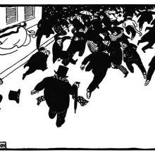 A crowd caught in a broad street is dispersing in a panic as though threatened by a great danger